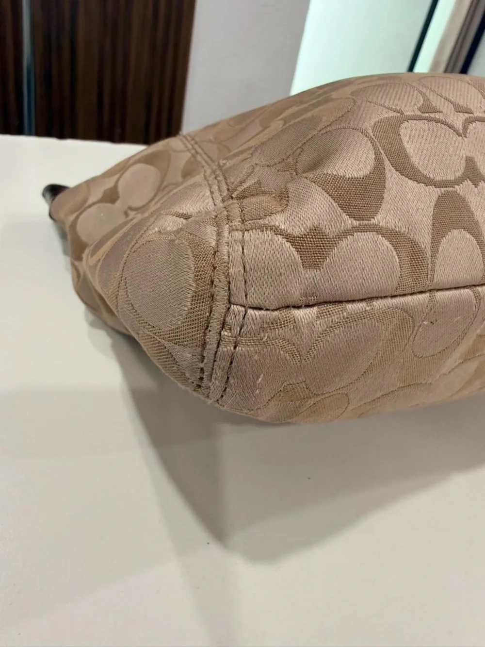 Coach Ashley Signature Jacquard Pleated Leather Canvas Brown Tan Shoulder Bag